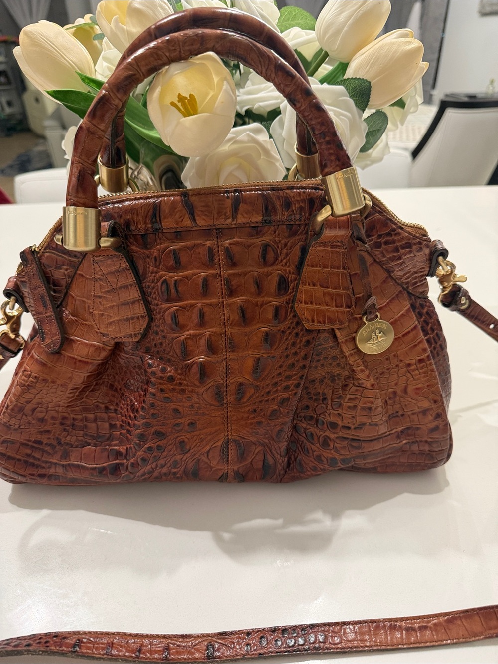 Brahmin Louise Structured Croc-Embossed Top-Handle Satchel in Cognac Brown